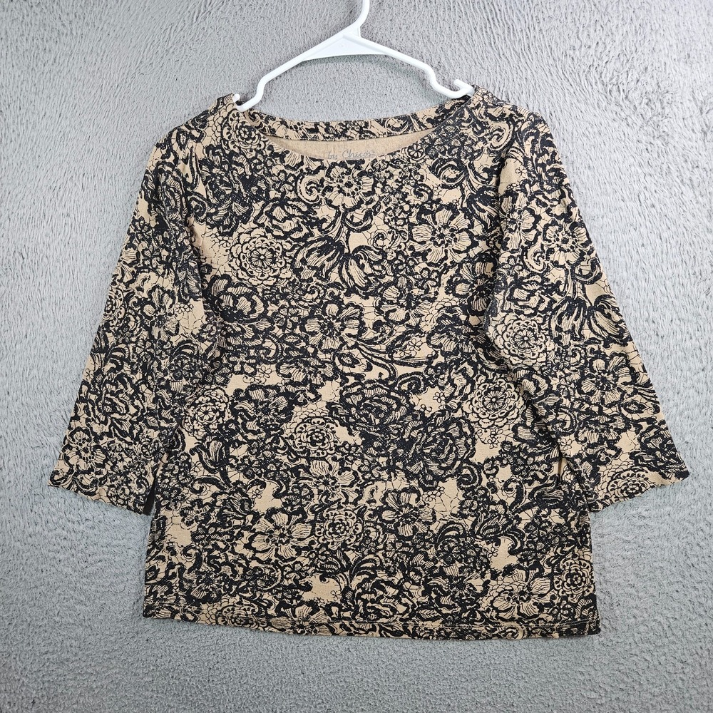 Chico's Top Women Size 1 Floral Print 3/4 Sleeve Stretch Black Tan